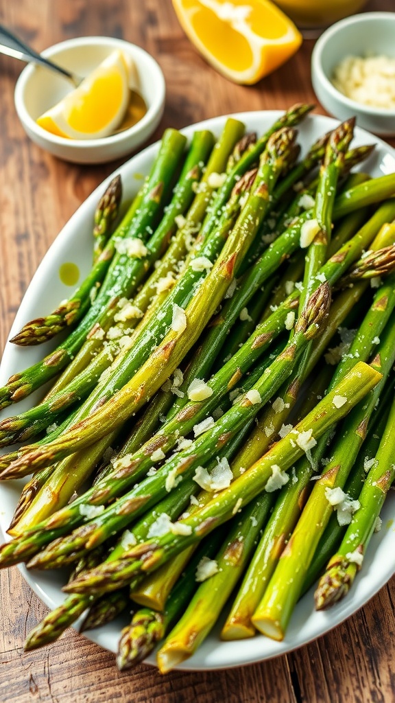 Oven-roasted asparagus with garlic and Parmesan on a rustic table.